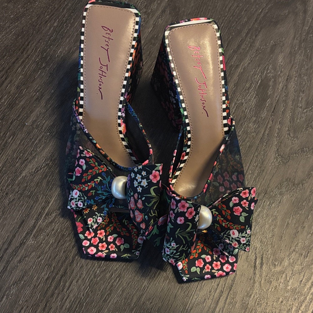Betsey Johnson Floral Black Mules with Bow
